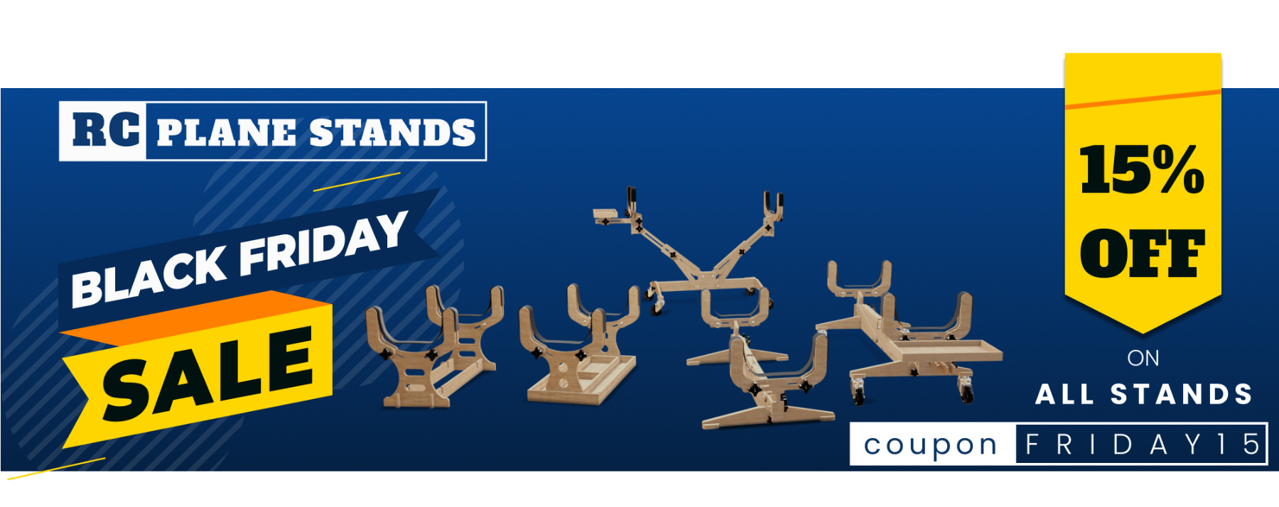 Promotional banner for RC plane stands with Black Friday sale and 15% off offer.